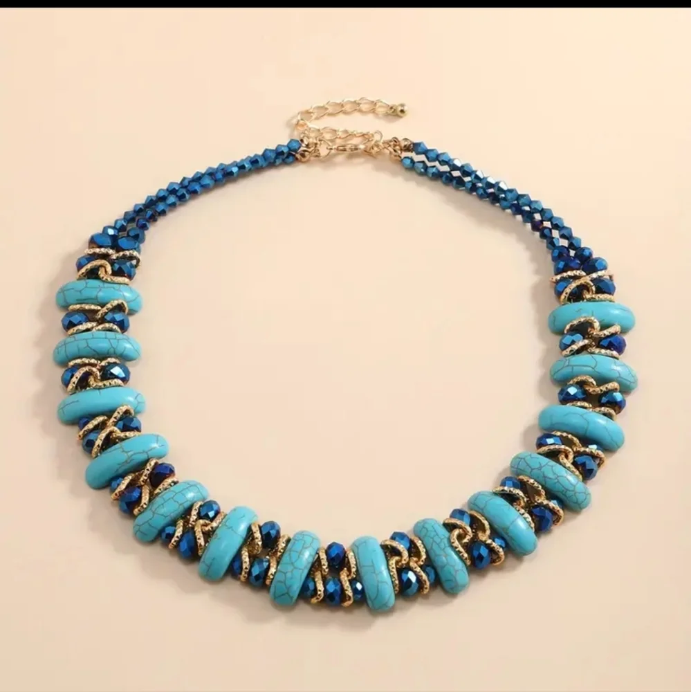 Boho Style Two Rows Crescent High - Quality Turquoise Crystal Necklace. - Picture 4 of 10